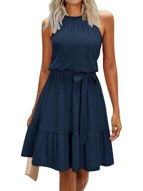 Women's Navy Fashion Summer Halter Dresses Casual Sleeveless Ruffle Sundress